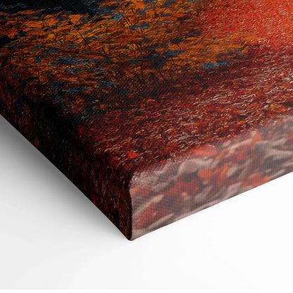 Close-up of vibrant autumn nature canvas wall art with rich reds and oranges, textured surface.