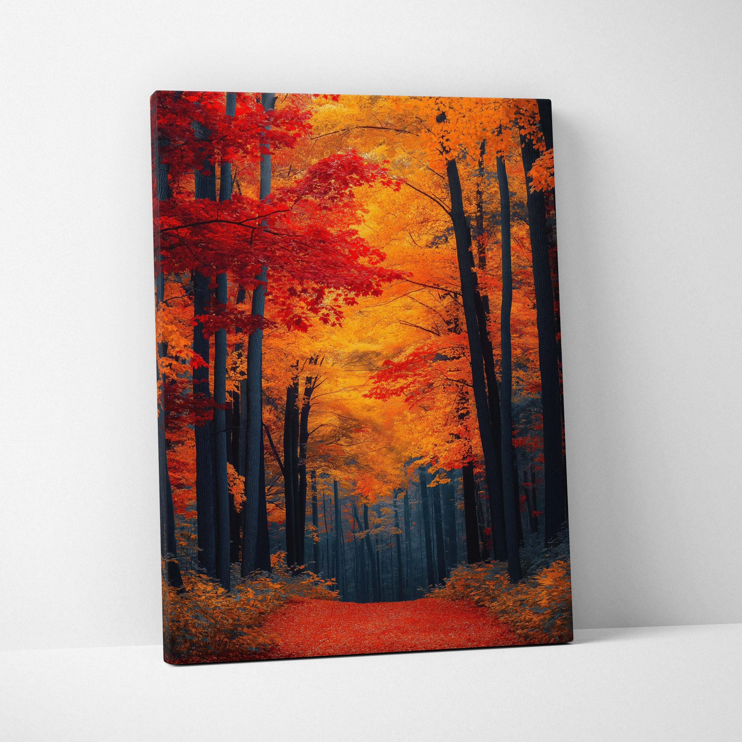 Autumn forest scene canvas wall art with vibrant red and orange leaves along a tree-lined path.