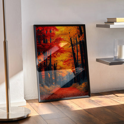 Vibrant autumn forest digital art poster with colorful fall foliage in black frame leaning on floor.