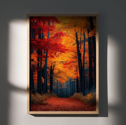 Vibrant autumn forest digital art poster with red and orange leaves and a pathway under tall trees wall art.