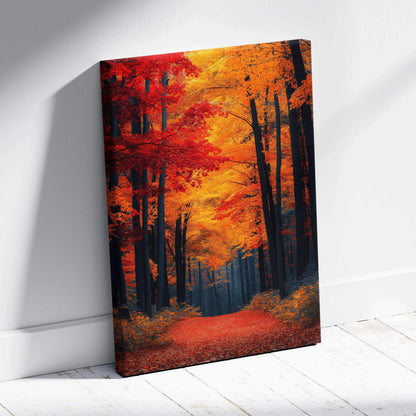 Canvas wall art featuring a vibrant autumn forest path with red and orange foliage.