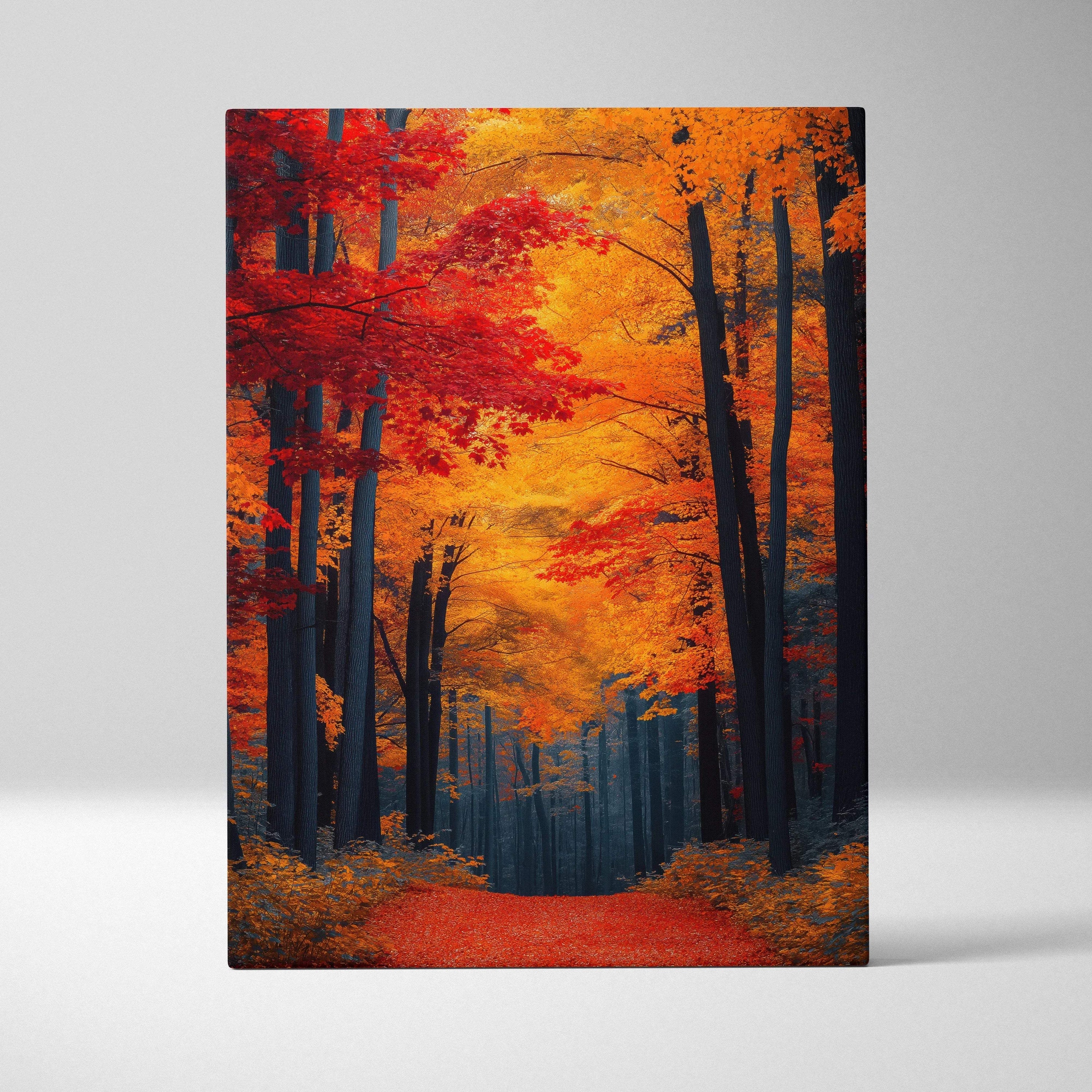 Autumn forest path with vibrant orange and red leaves on canvas wall art print.