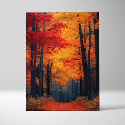 Autumn forest path with vibrant orange and red leaves on canvas wall art print.