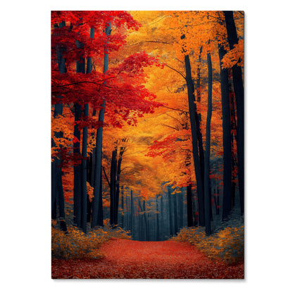 Vibrant autumn forest digital art poster with red and orange leaves and a pathway, vertical wall art.
