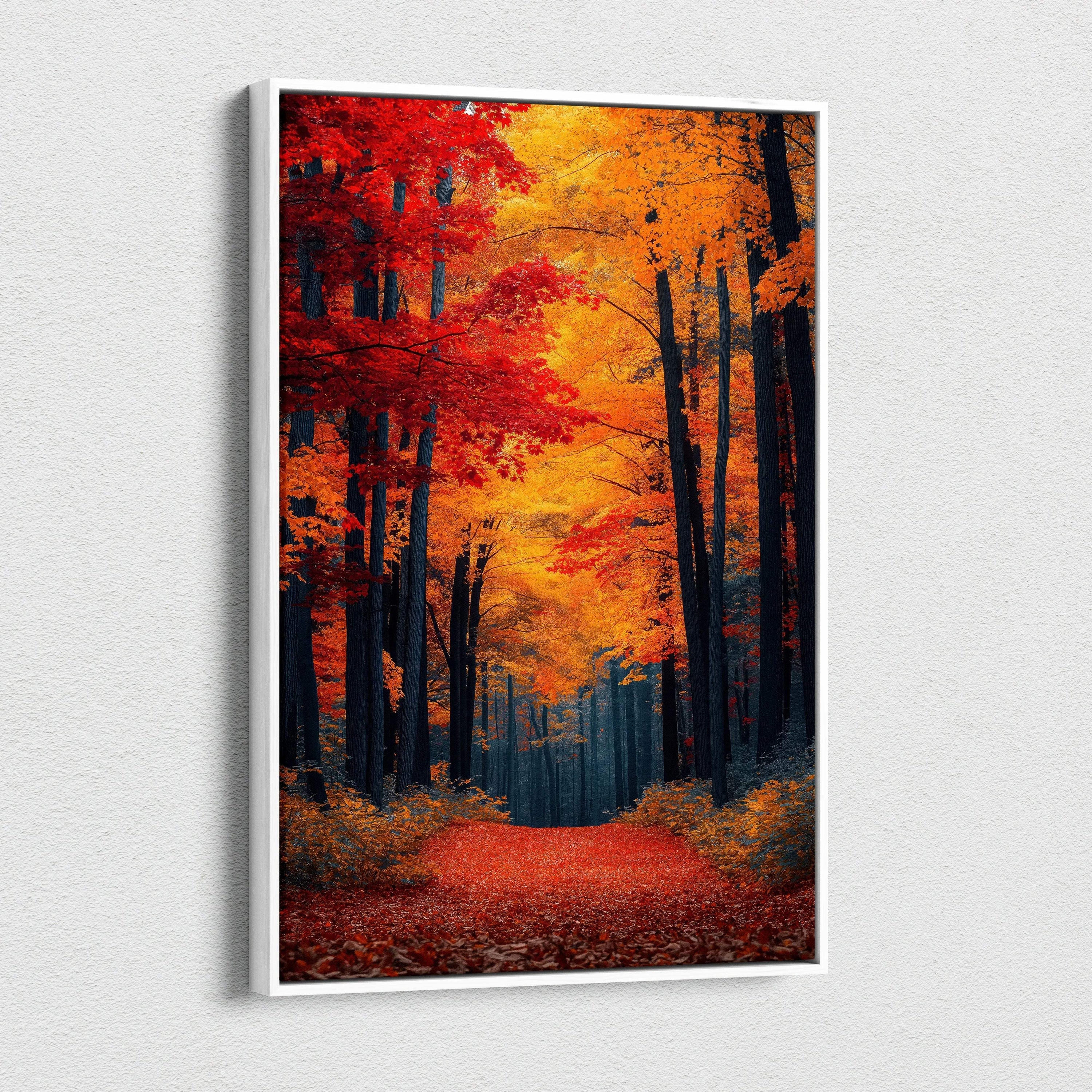 Autumn forest path with red and orange leaves canvas wall art print in vertical orientation.