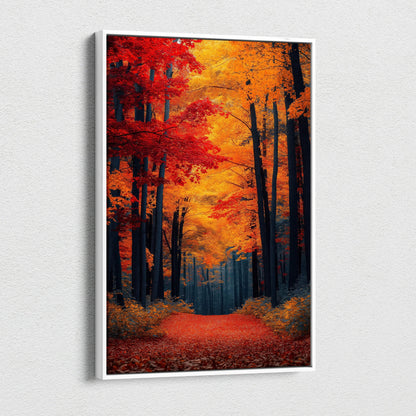 Autumn forest path with red and orange leaves canvas wall art print in vertical orientation.