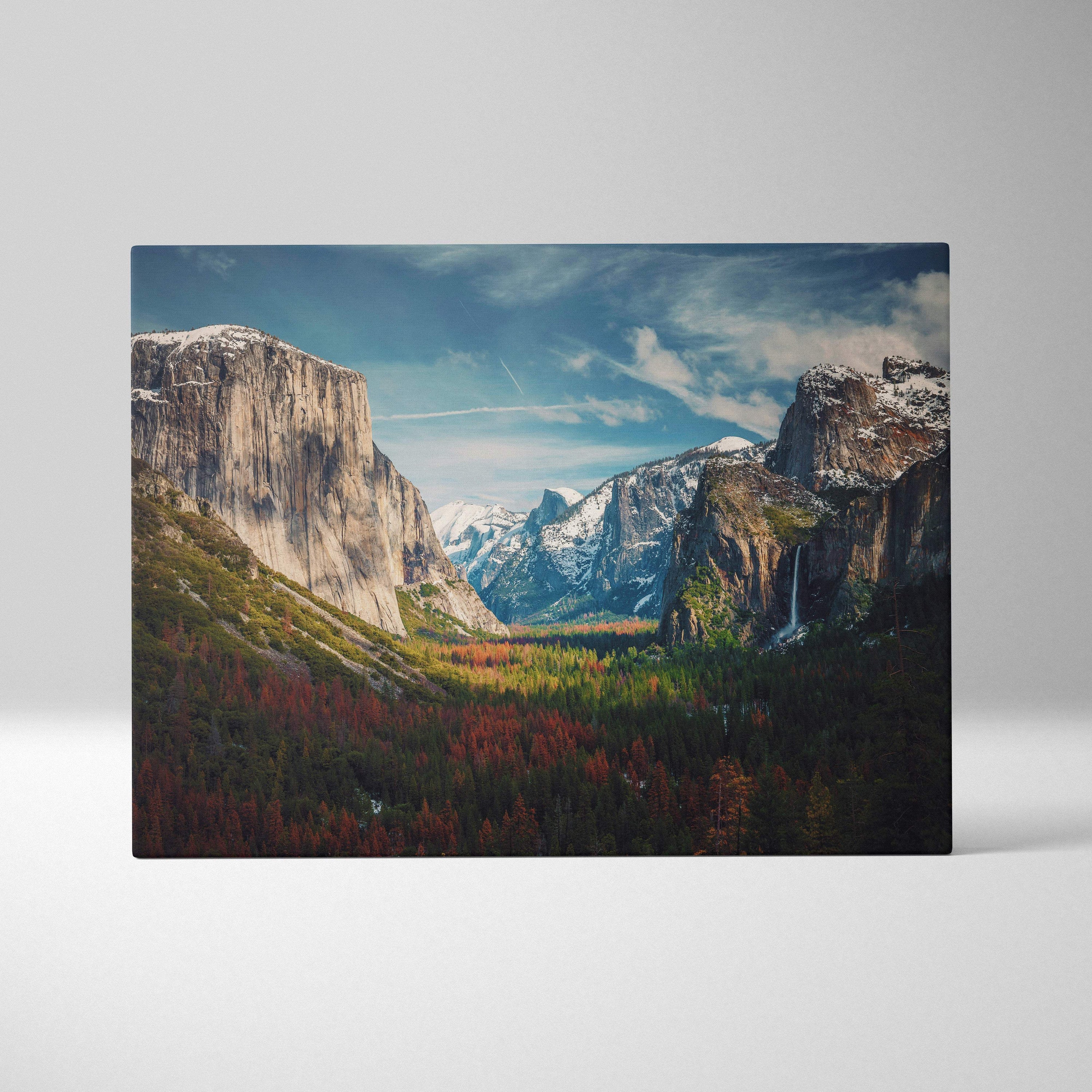 Rectangular canvas print of yosemite valley mountain landscape with snow-capped peaks autumn forests and waterfall decor