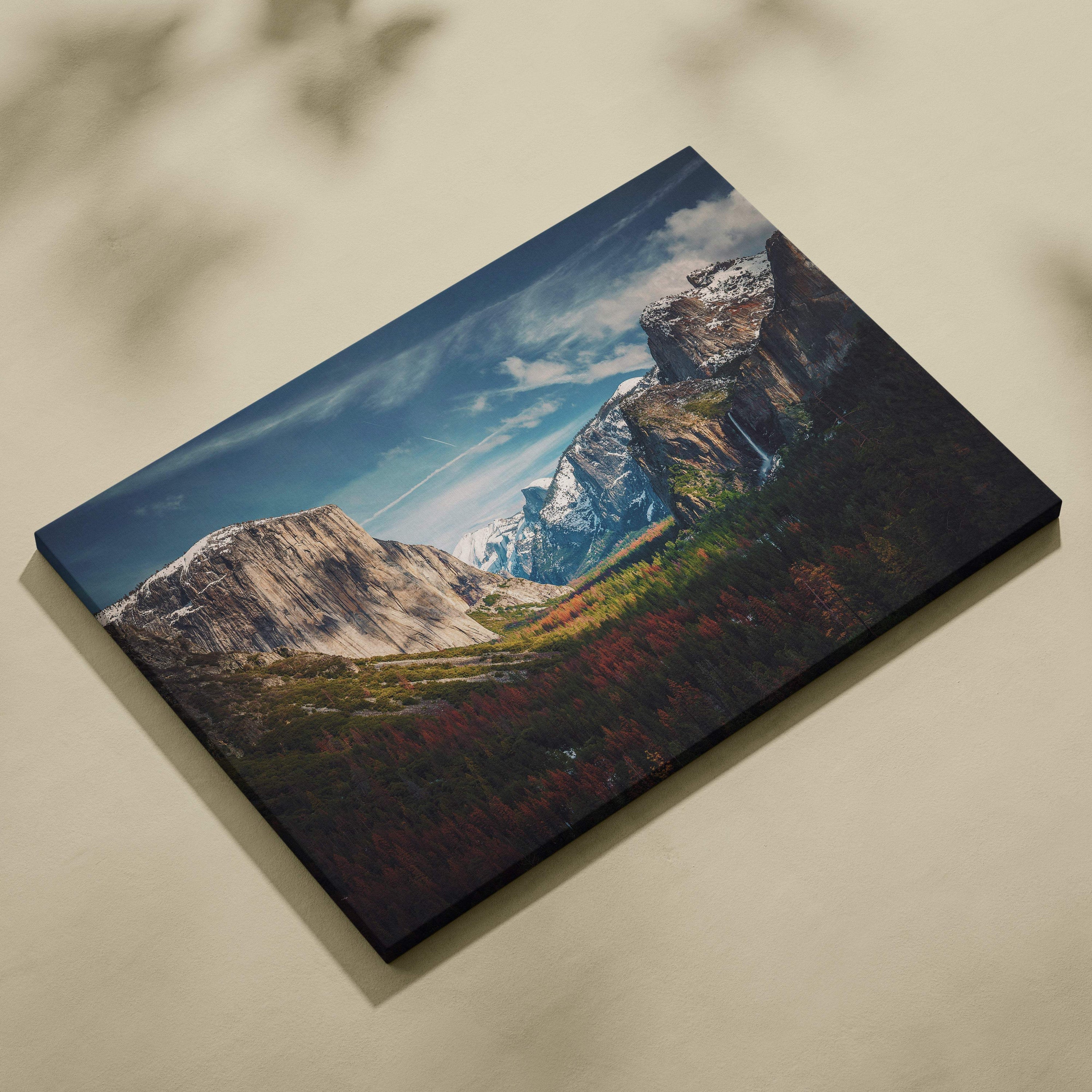 Rectangular canvas print of yosemite valley mountain landscape with snow-capped peaks and autumn forests for rustic decor