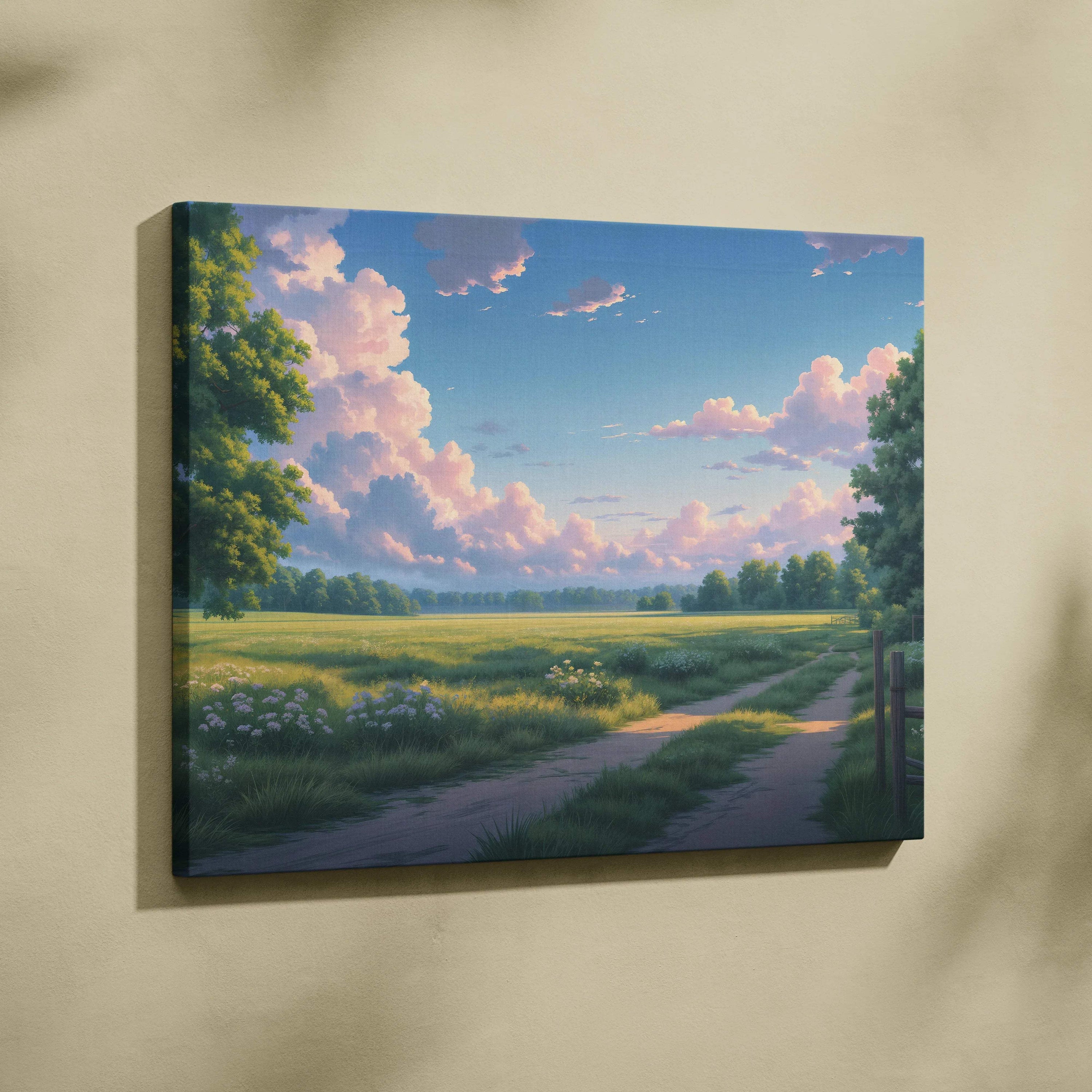 Sunny countryside meadow anime landscape canvas with winding path and pink sunset clouds