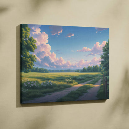 Sunny countryside meadow anime landscape canvas with winding path and pink sunset clouds