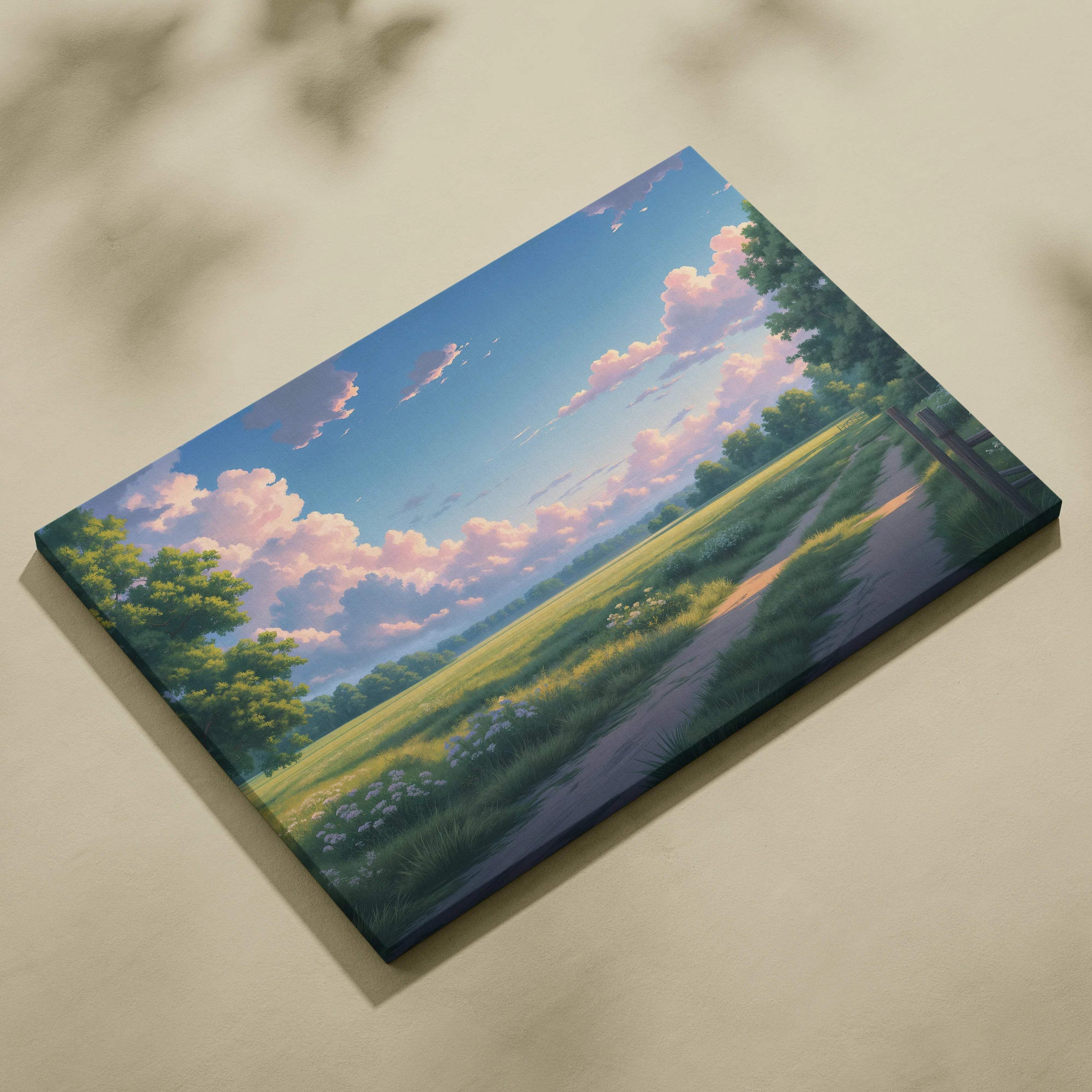 Sunny countryside meadow anime landscape canvas with winding path and pink sunset clouds
