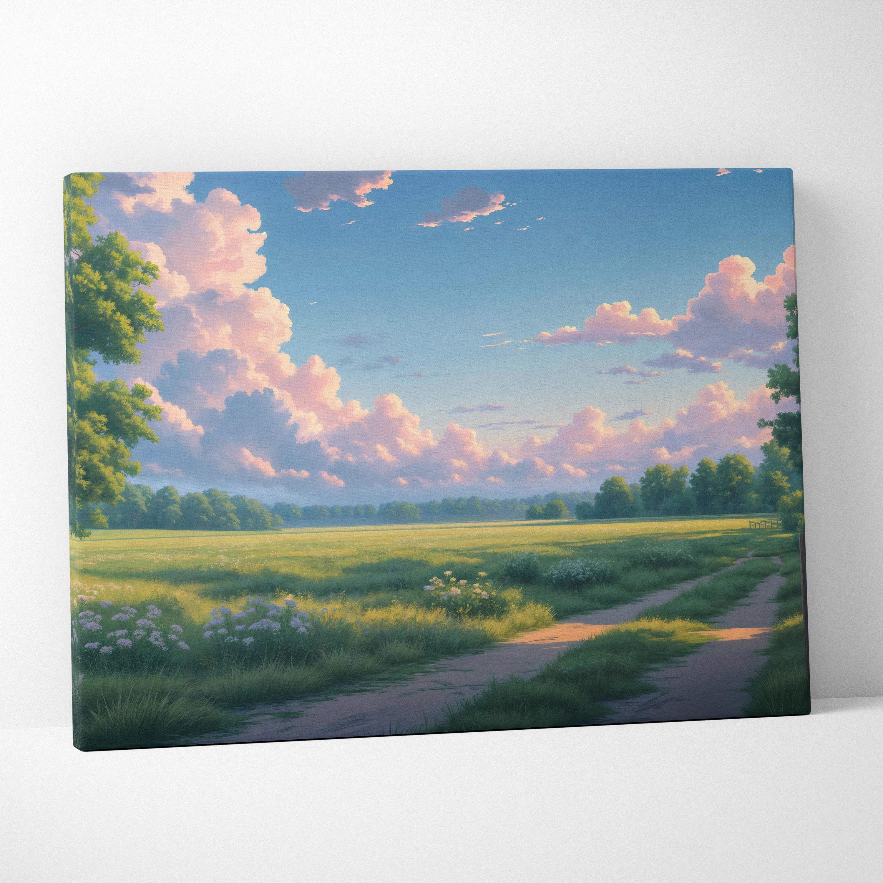 Sunny countryside meadow anime landscape canvas with winding path and pink sunset clouds