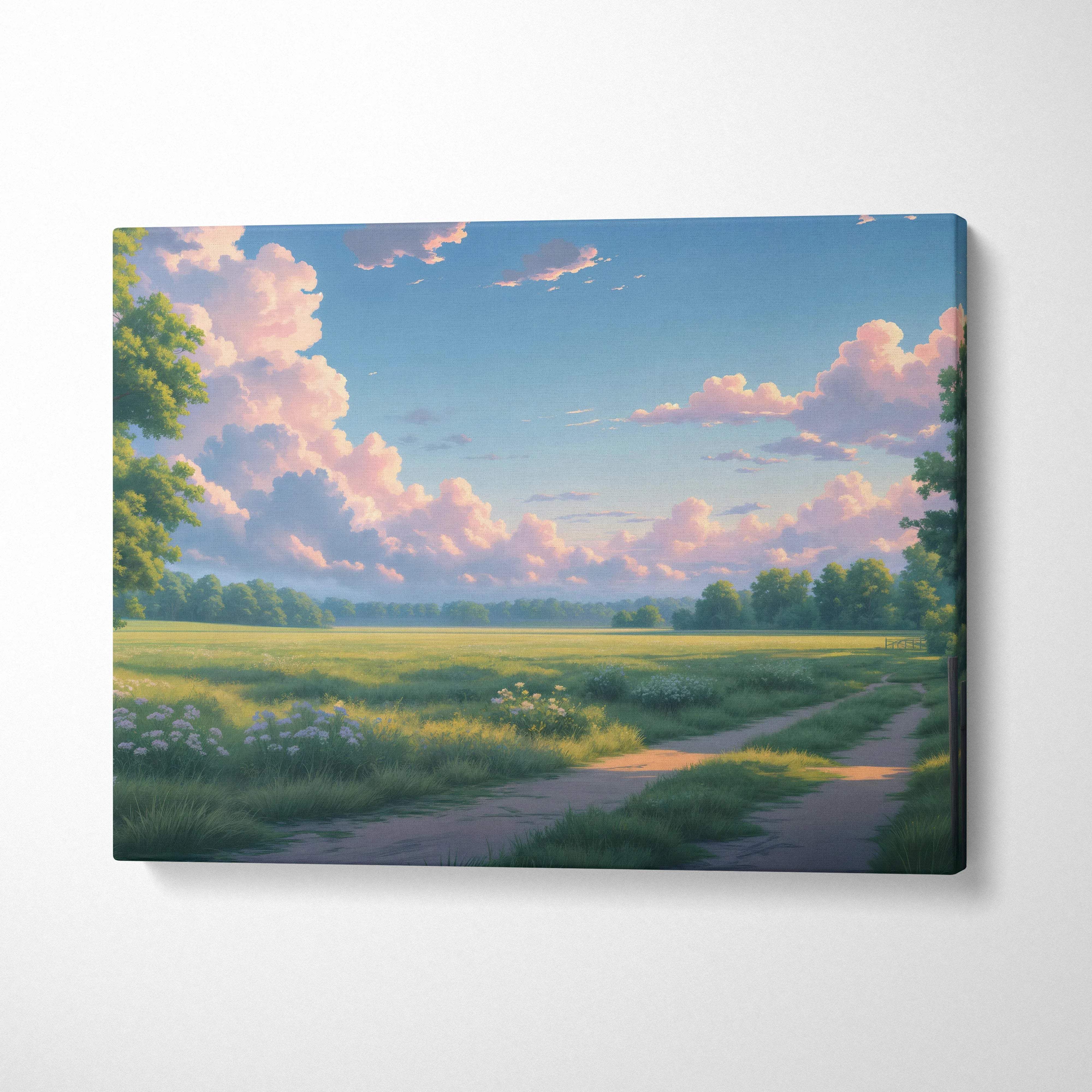 Sunny countryside meadow canvas print with winding path, serene anime landscape in soft green, blue, pink sunset clouds