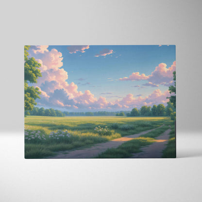 Sunny countryside meadow canvas print with winding path and serene anime sunset clouds