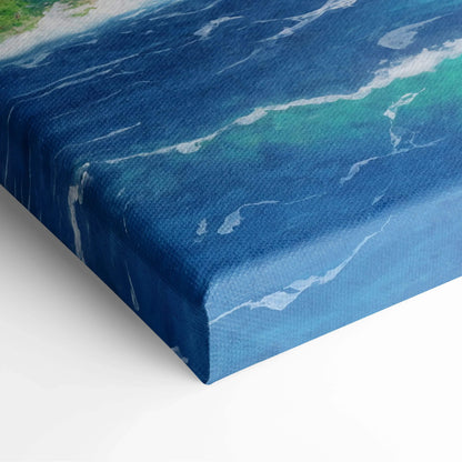 Vibrant anime seascape canvas print with turquoise waves and emerald cliffs