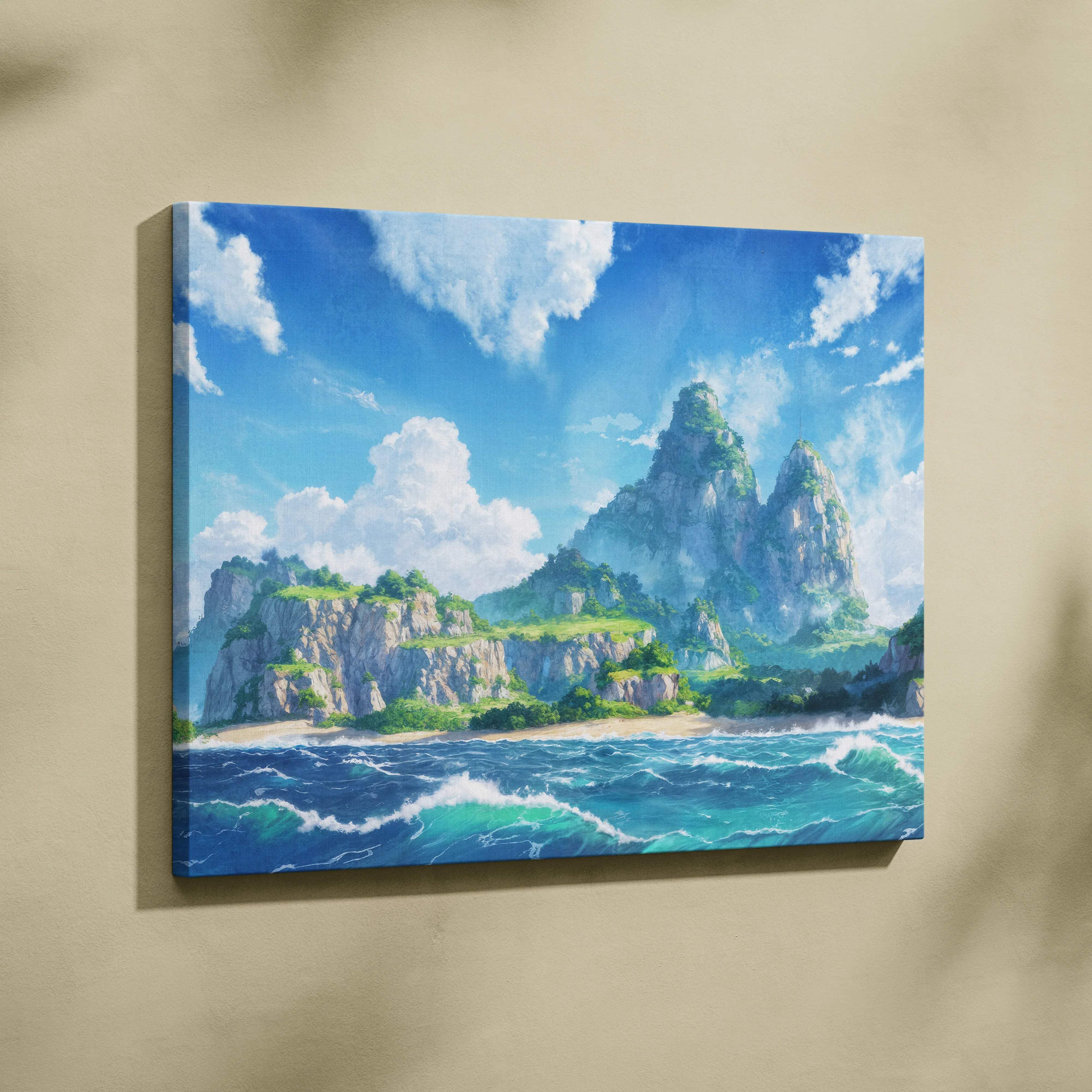 Vibrant anime seascape canvas with turquoise waves and emerald cliffs