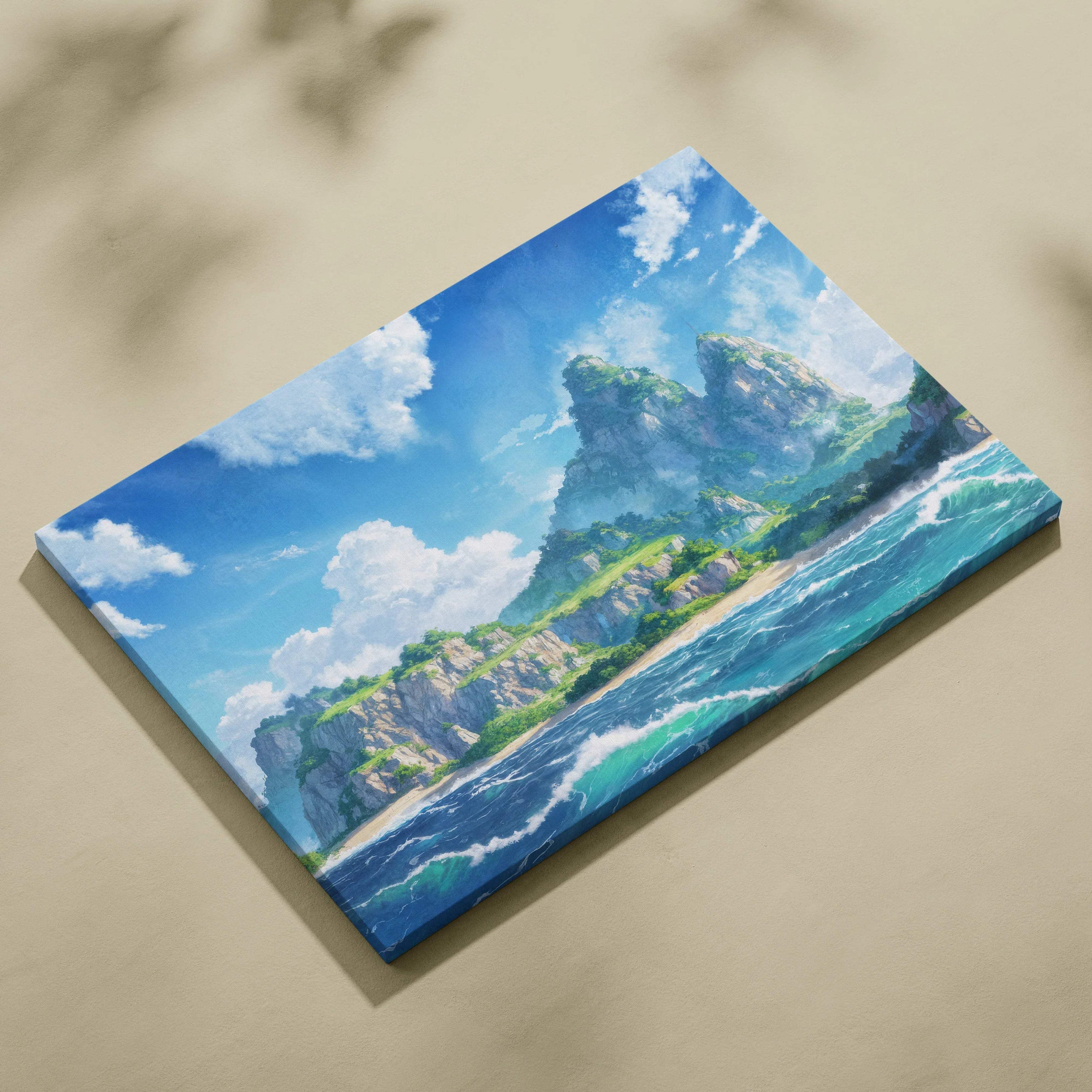Vibrant anime seascape canvas with turquoise waves and emerald cliffs
