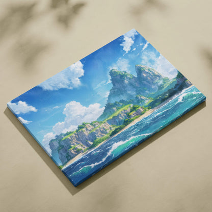 Vibrant anime seascape canvas with turquoise waves and emerald cliffs