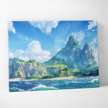 Vibrant anime seascape canvas with turquoise waves and emerald cliffs