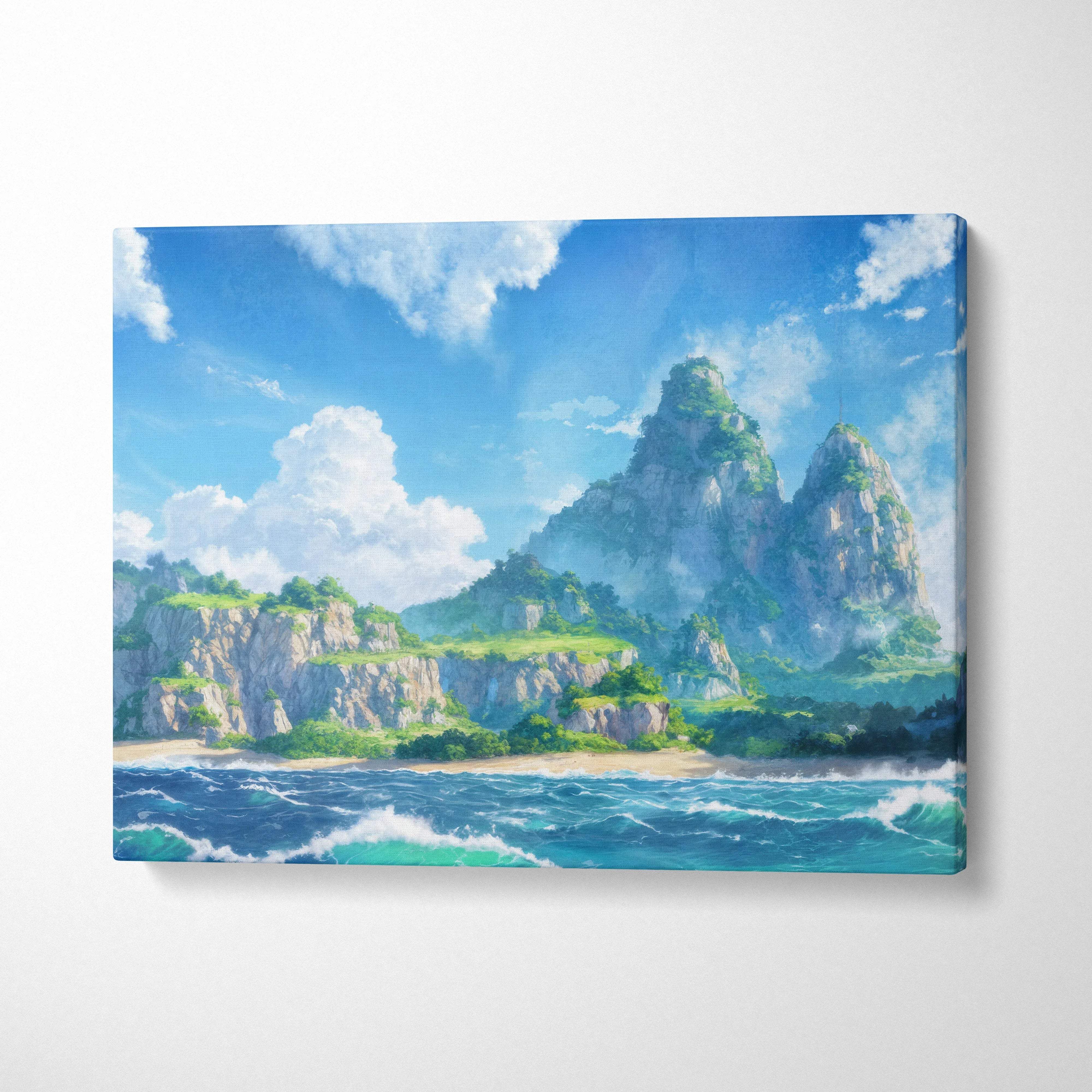 Vibrant anime seascape canvas art with turquoise waves and emerald cliffs