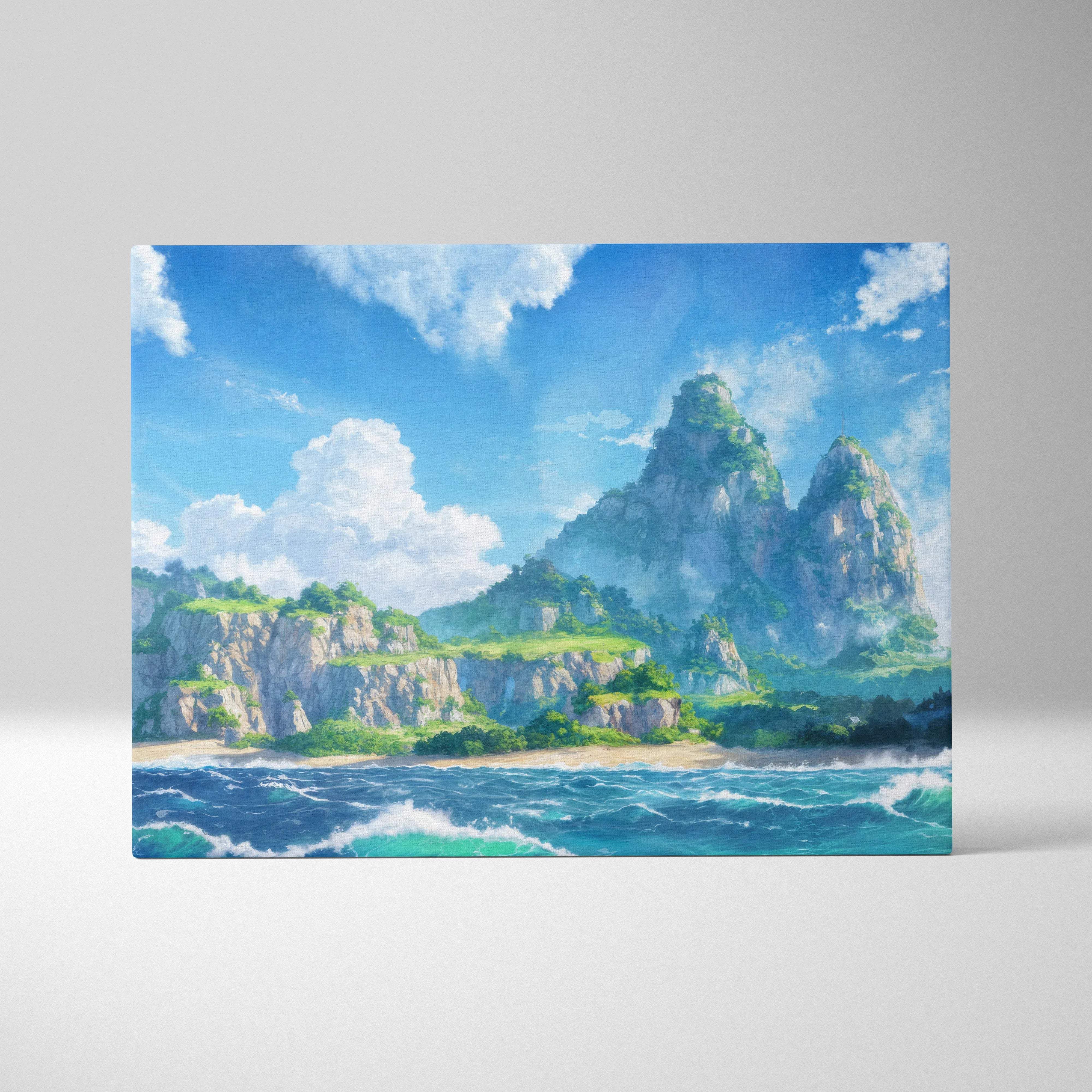 Vibrant anime seascape canvas print with turquoise waves and emerald cliffs