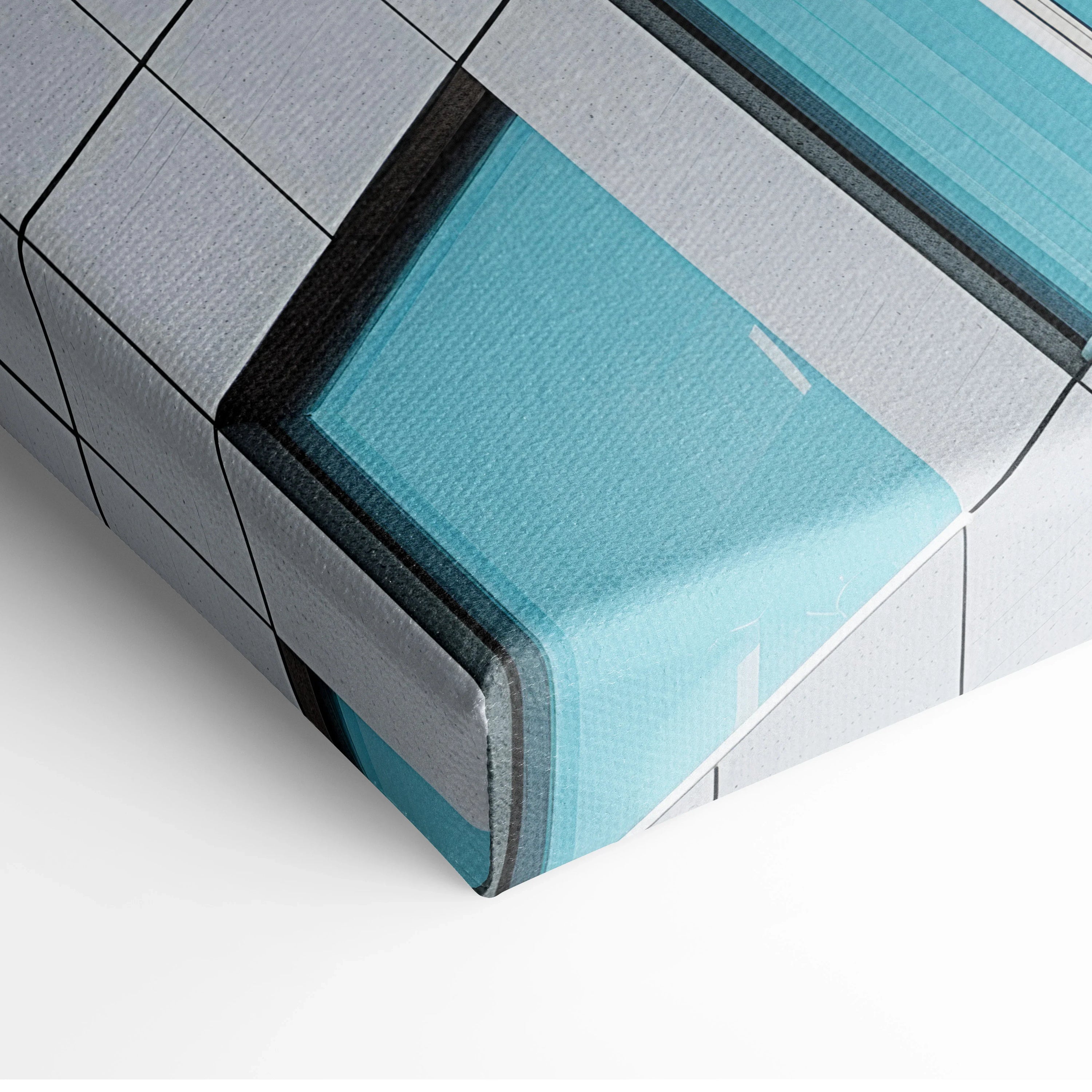 Abstract architectural design in blue and gray tones printed on canvas wall art corner detail.