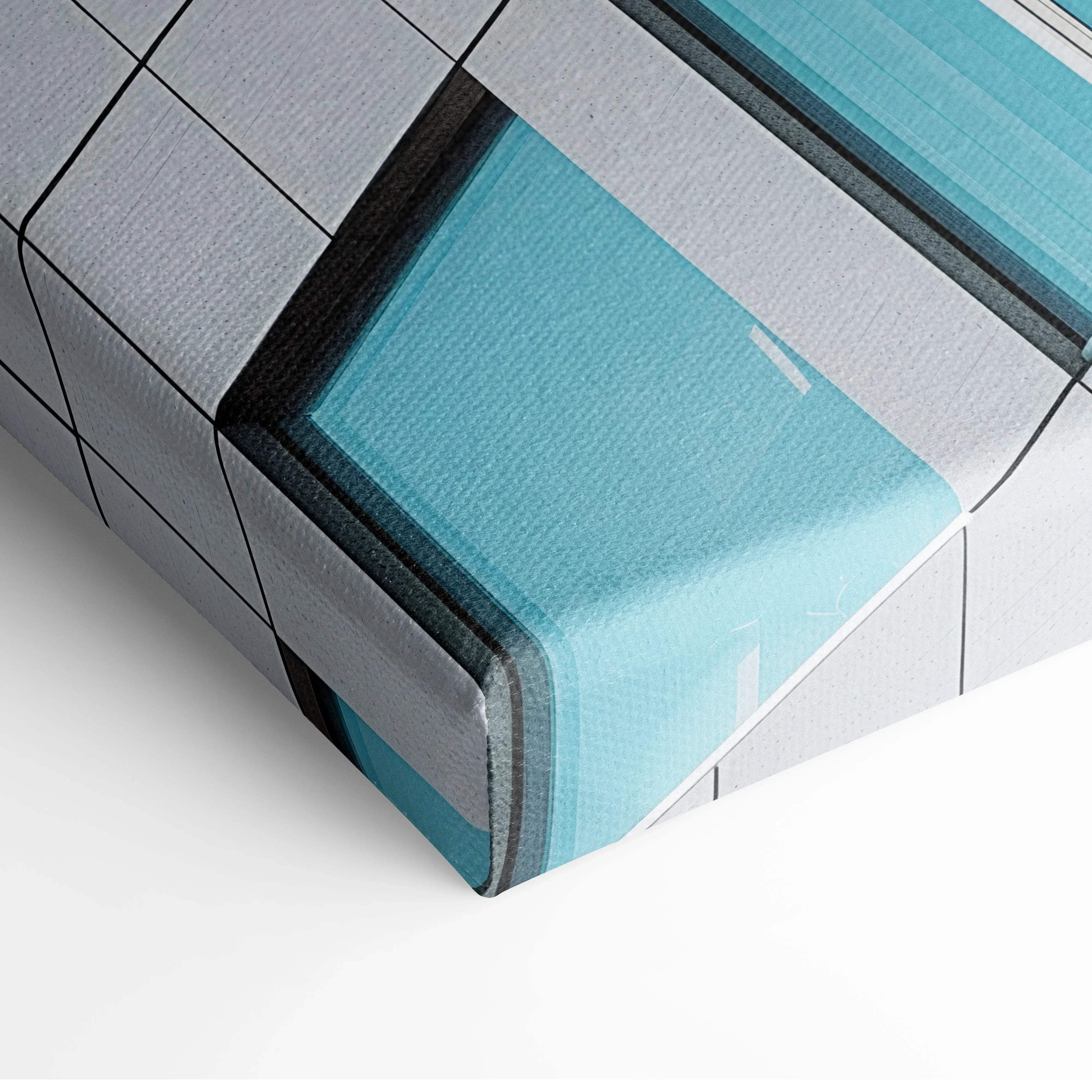 A modern architecture corner building canvas wall art with bold teal gray and black geometric blocks and textured surface