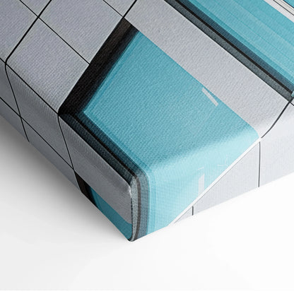 Abstract architectural design in blue and gray tones printed on canvas wall art corner detail.