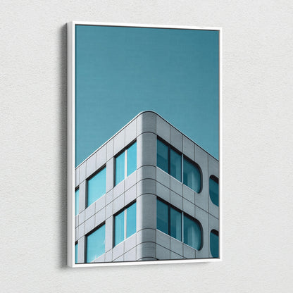 Modern architecture digital art on vertical canvas wall art with blue sky background.