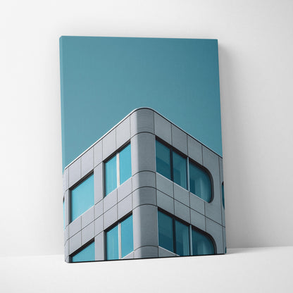 Modern architecture digital canvas art featuring sleek gray building corner against blue sky wall art.