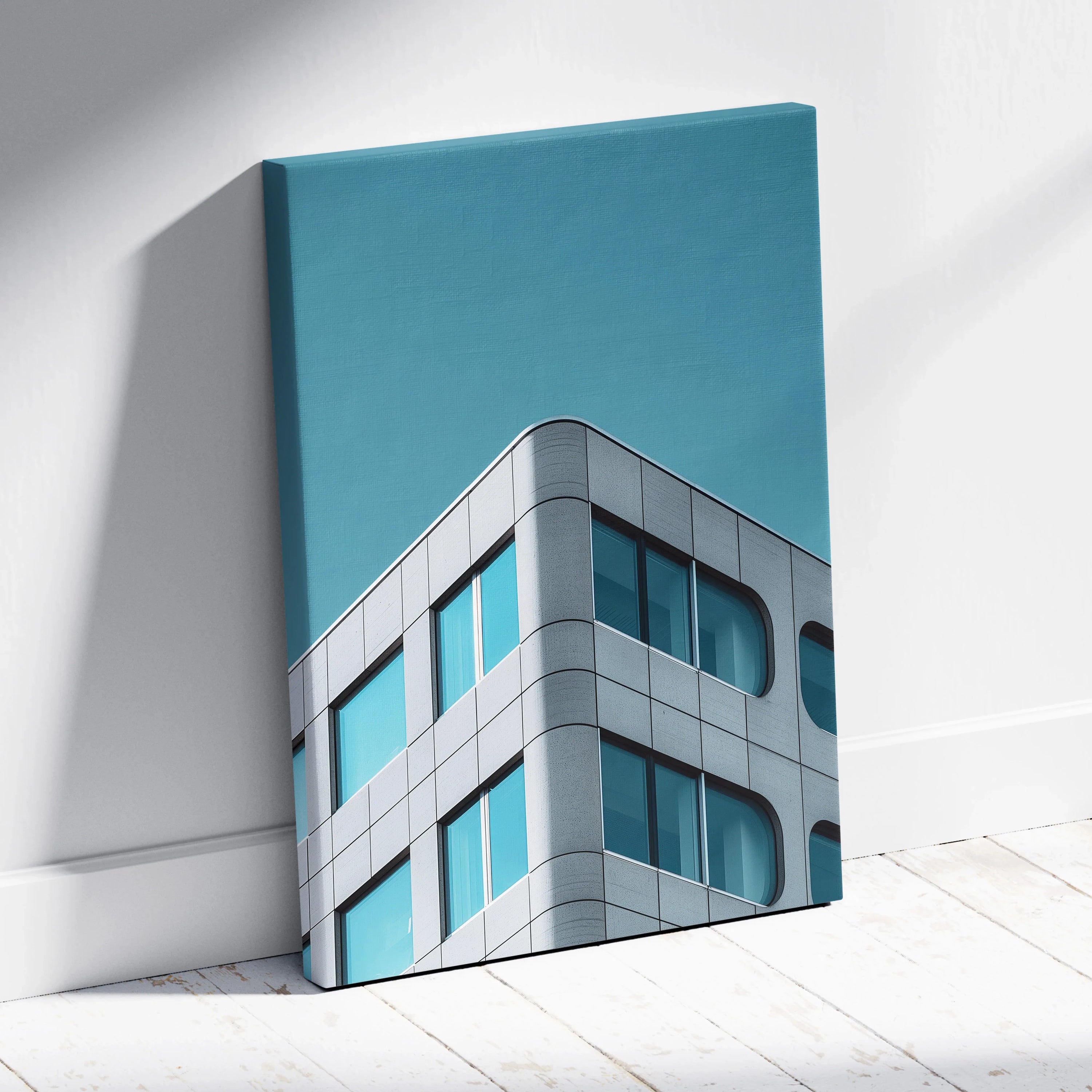 Modern building corner with blue windows on vertical digital canvas wall art.