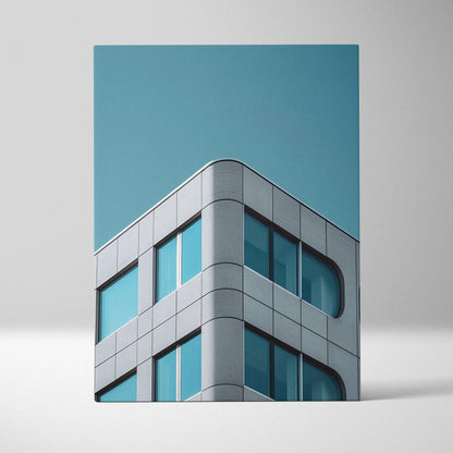 Modern architecture digital wall art canvas featuring curved glass and gray paneling against clear blue sky.