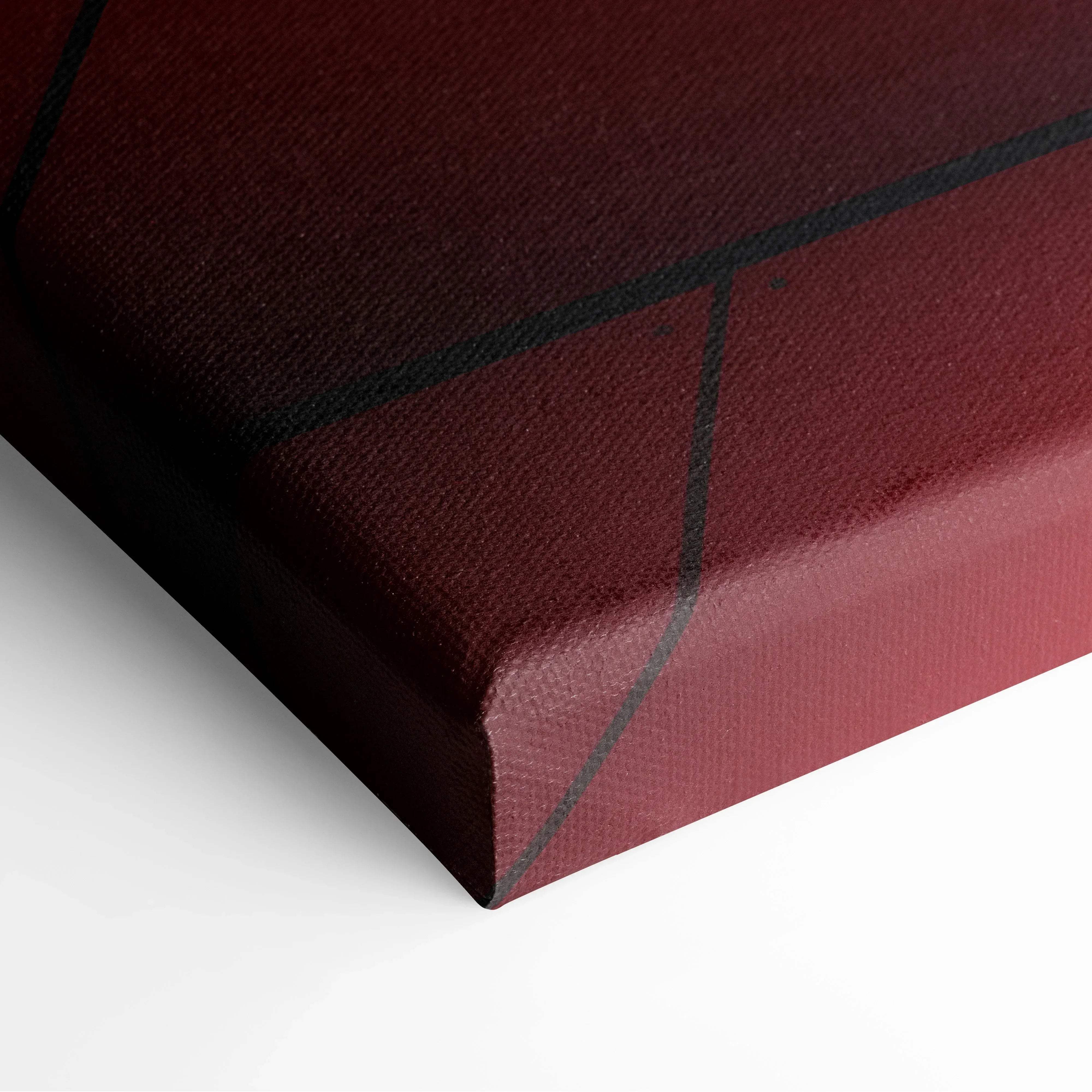 A deep red modern architecture canvas wall art with bold black geometric lines and curved building facade accents