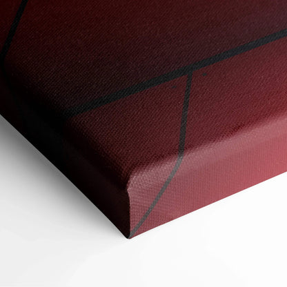 Maroon canvas art with dark geometric lines highlighting modern architectural shapes on a gallery-wrapped edge.