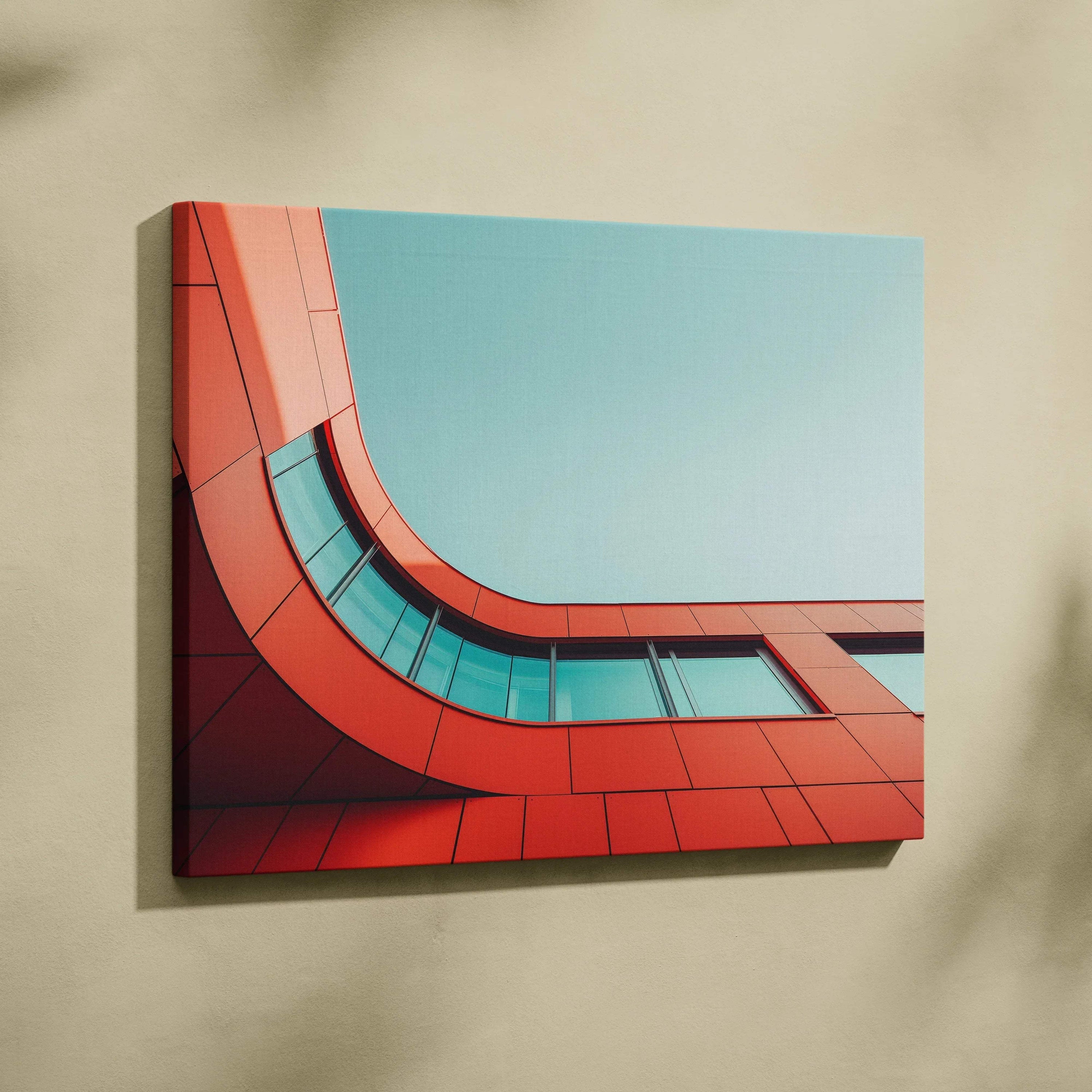 Canvas wall art featuring modern building architecture with curved red panels and blue sky background.