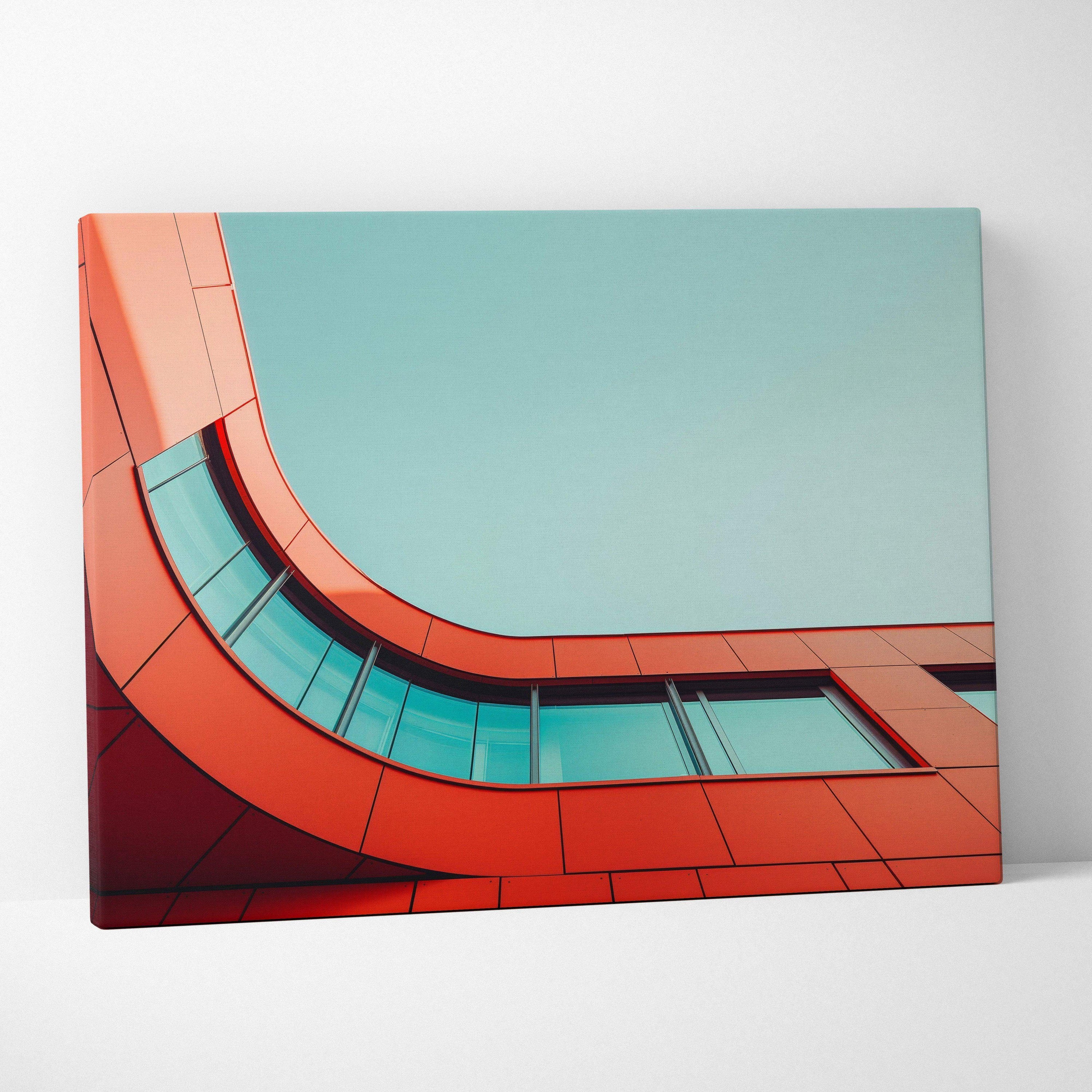 Modern architecture digital canvas art featuring curved orange building facade with blue-tinted windows against clear sky.