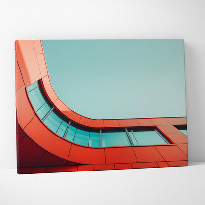 Modern architecture digital canvas art featuring curved orange building facade with blue-tinted windows against clear sky.