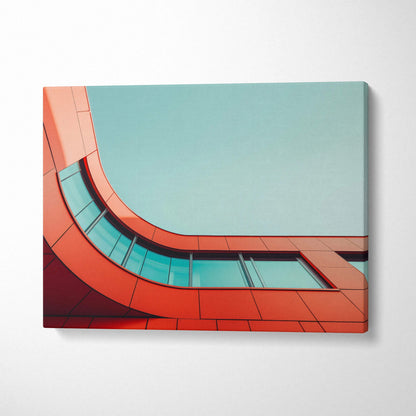 Modern architecture digital canvas wall art featuring curved red building and blue sky background.