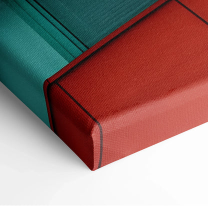 Close-up of teal and rust red canvas wall art with visible texture and black edge lining on canvas art wrap.