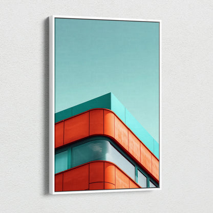 Vertical canvas wall art featuring modern building corner with red and teal architectural elements against clear blue sky.