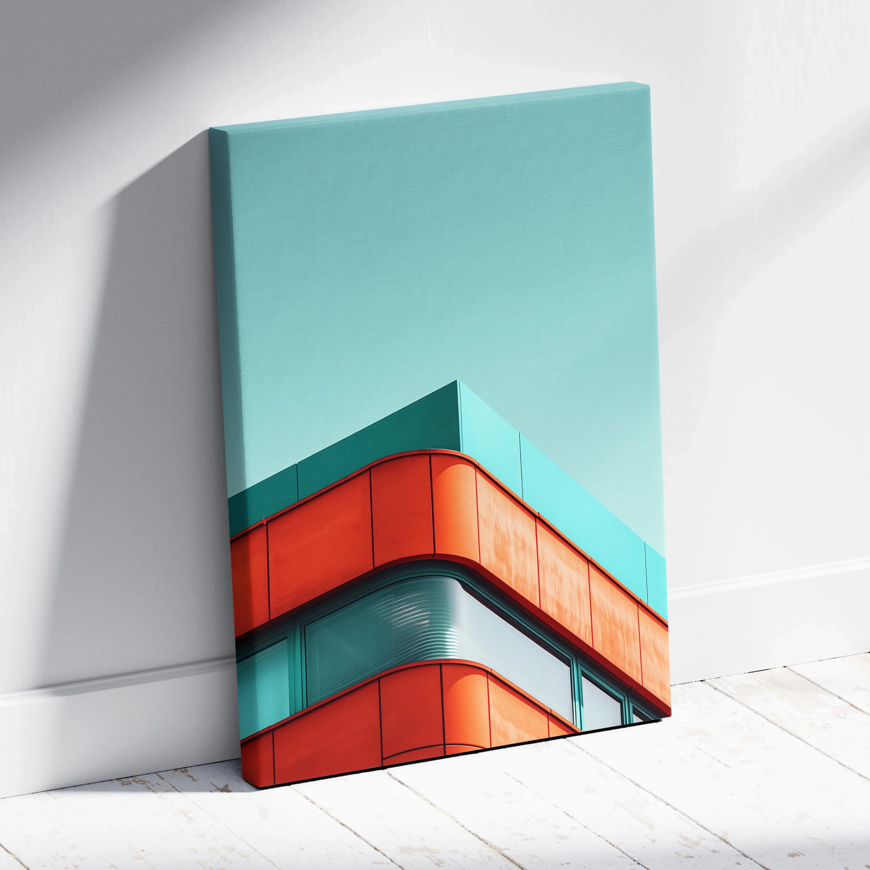 Modern architecture canvas art featuring bold red and teal geometric building design on a light blue background wall art.