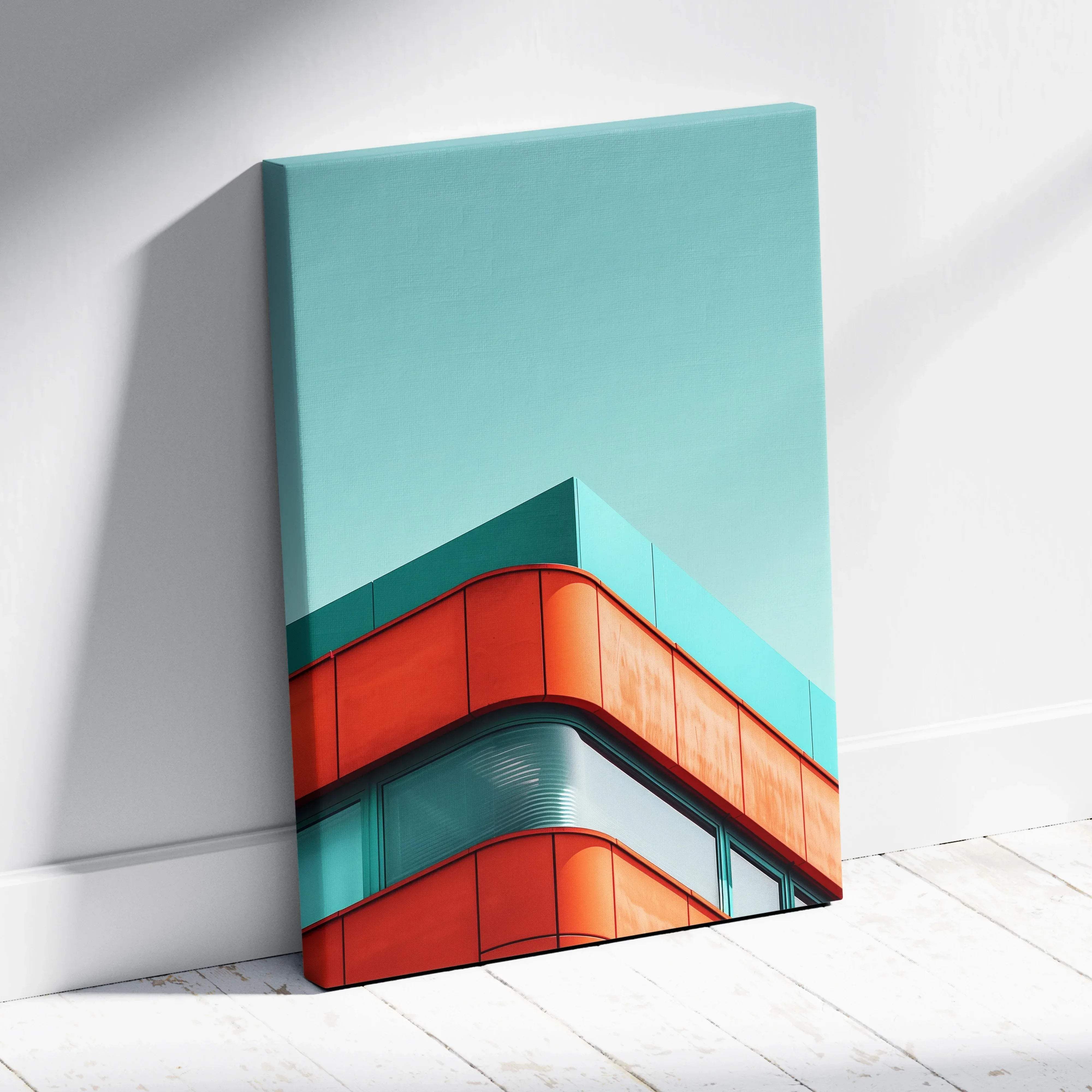 Modern geometric architecture canvas wall art with bold teal and coral shapes for urban home decor