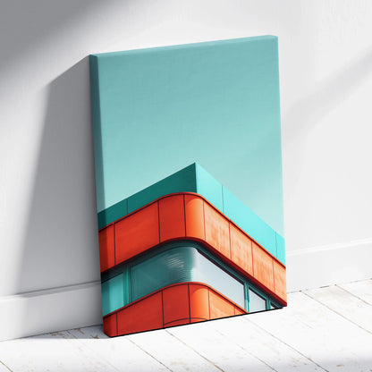 Modern architecture canvas art featuring bold red and teal geometric building design on a light blue background wall art.
