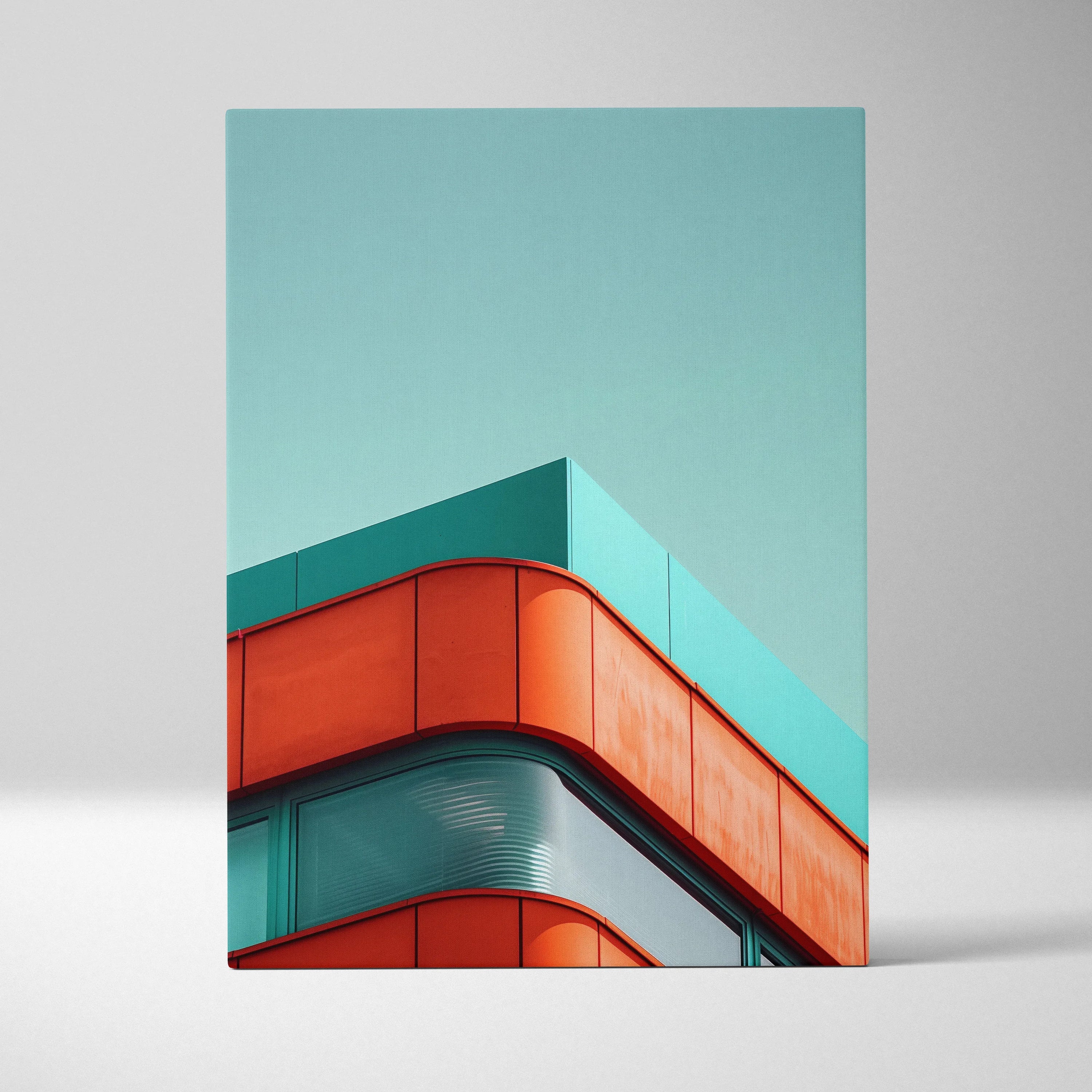 Vertical canvas wall art featuring modern building corner in teal and bright orange colors against clear sky.