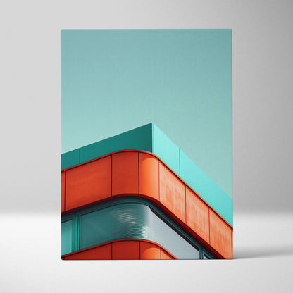 Vertical canvas wall art featuring modern building corner in teal and bright orange colors against clear sky.