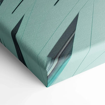 Close-up of premium digital canvas art featuring abstract geometric shapes in teal and black tones.