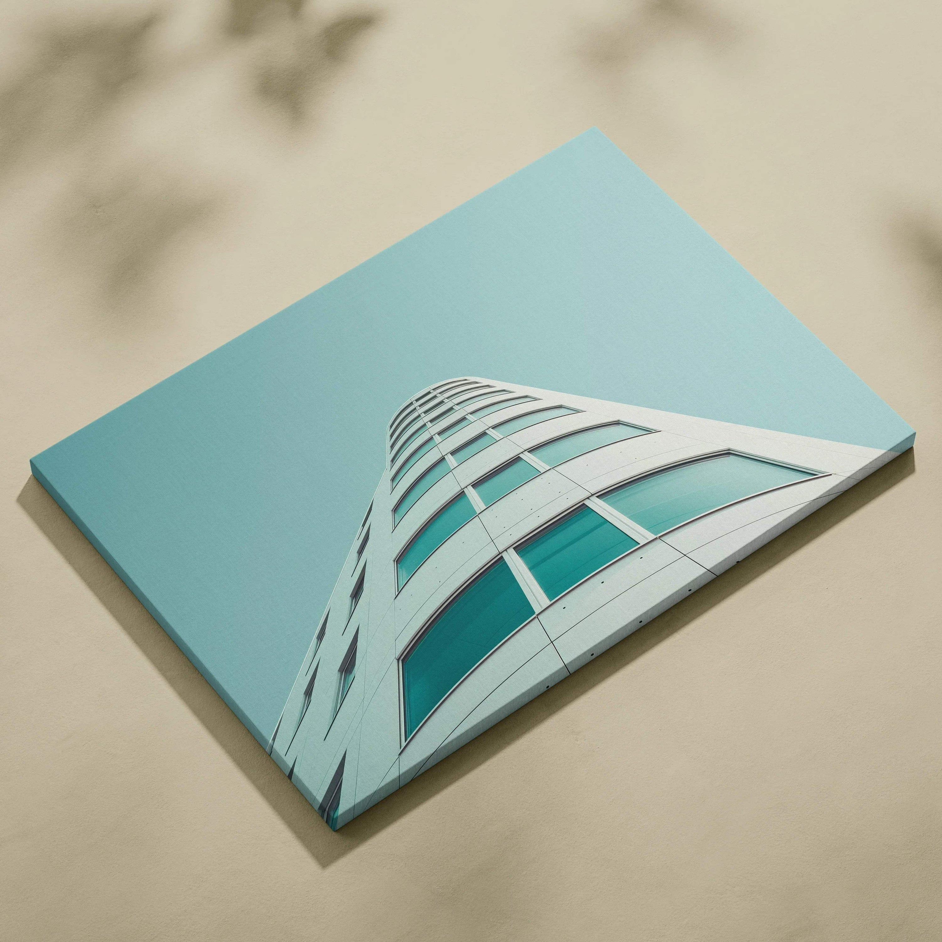 Modern architecture digital canvas wall art featuring a sleek white building against clear blue sky.