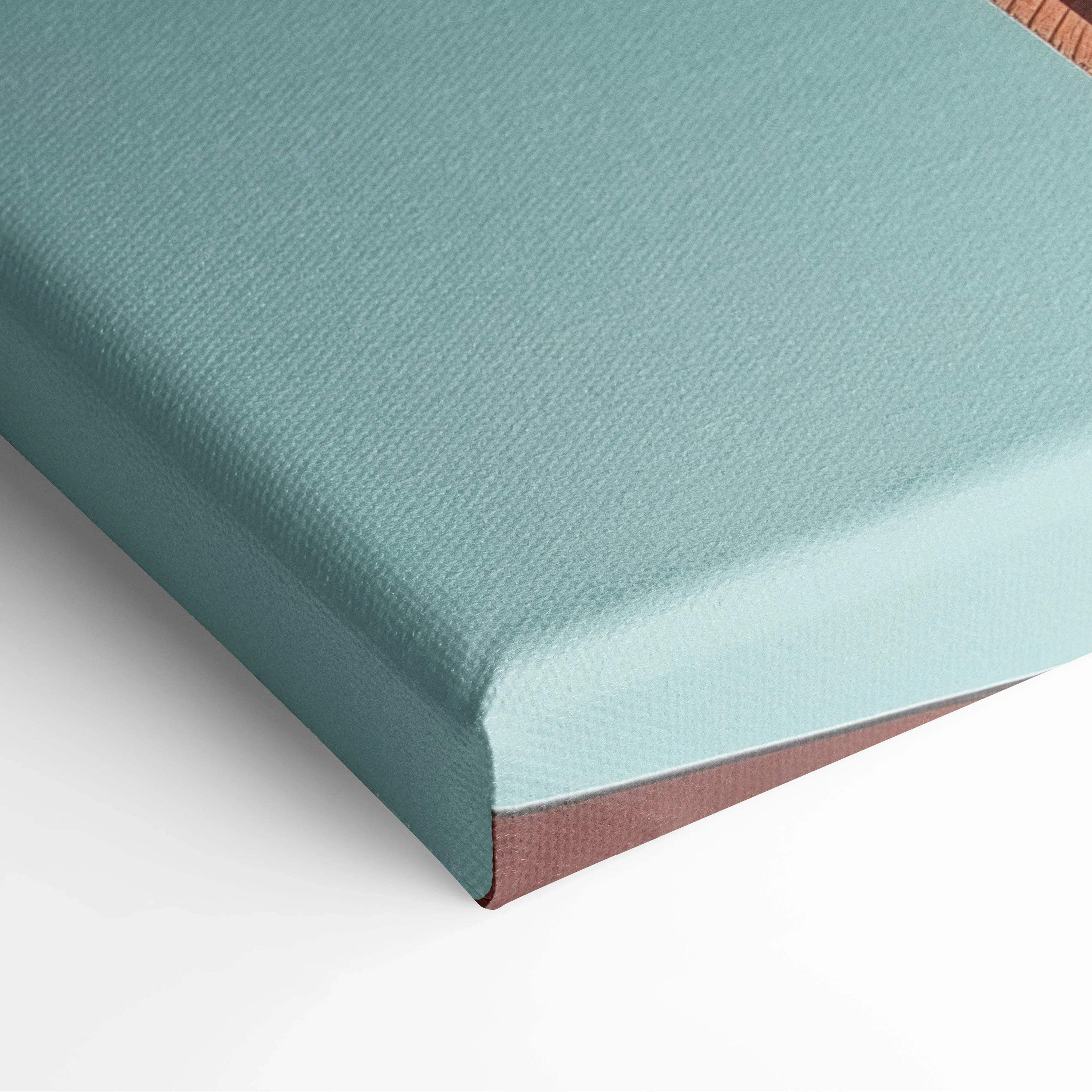 Light blue canvas stretched tightly over wooden frame edge, smooth texture, modern wall art canvas print.