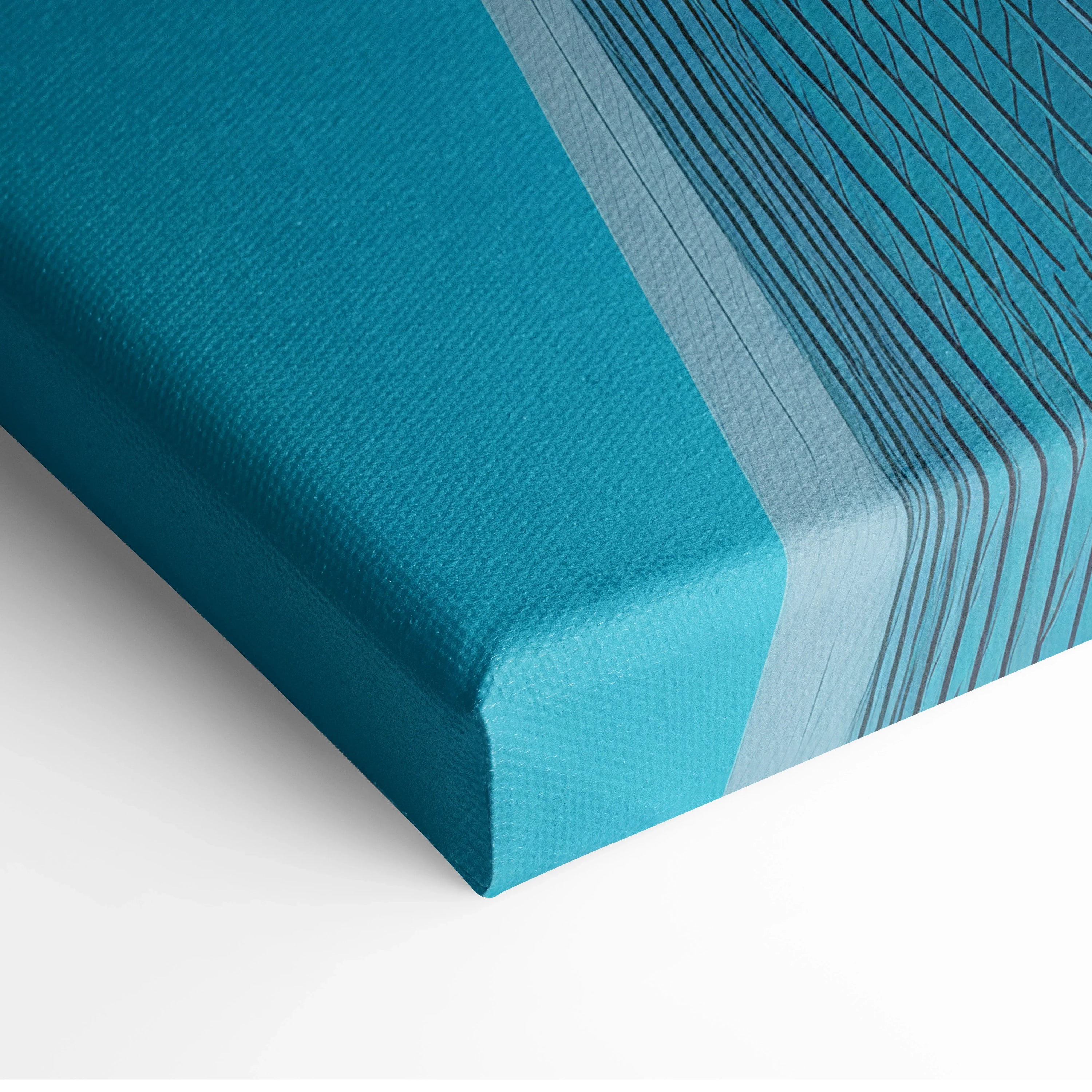 Close-up of blue geometric abstract architectural canvas art with fine line details and textured surface.