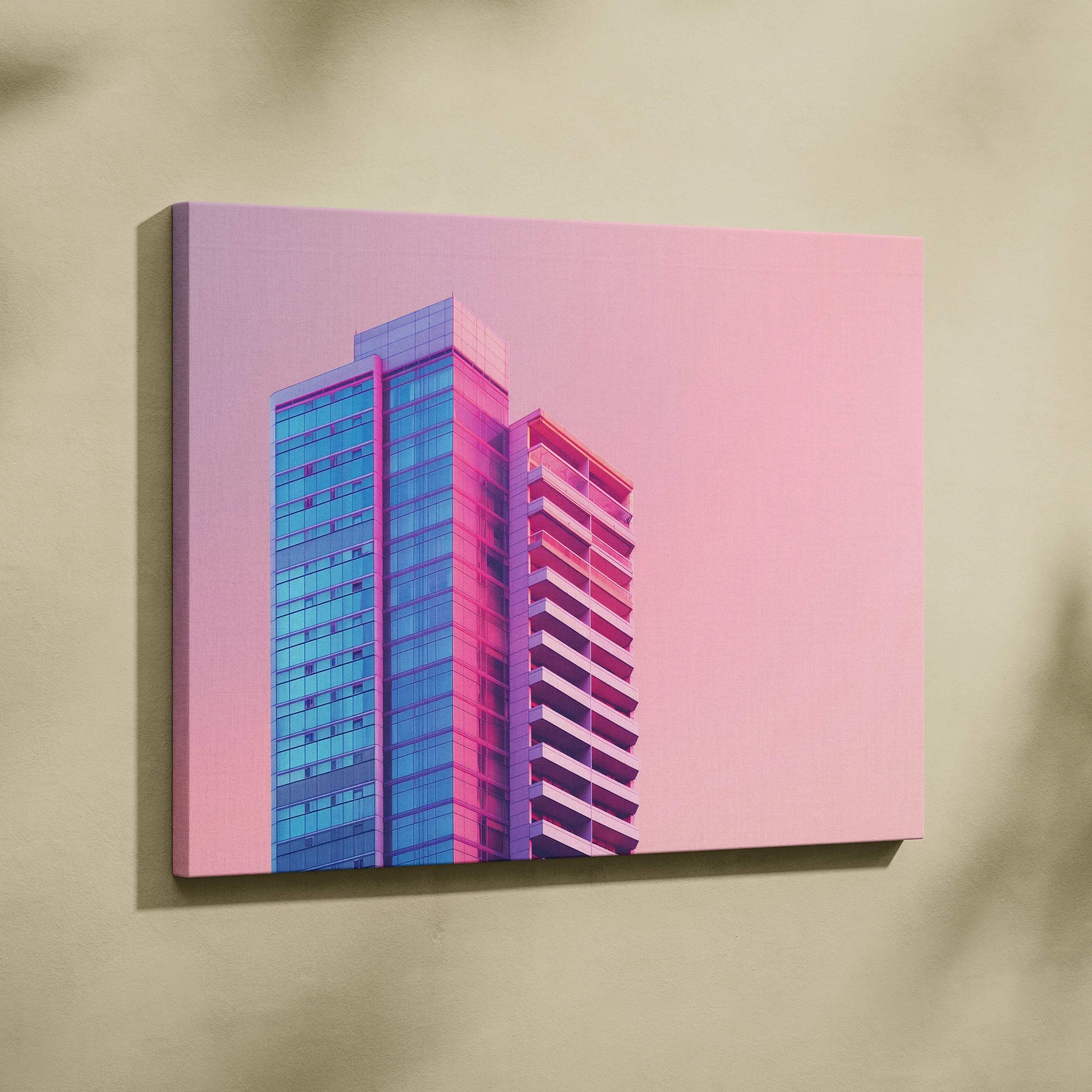 Modern building architecture canvas art with pink and blue gradient tones on wall art background.